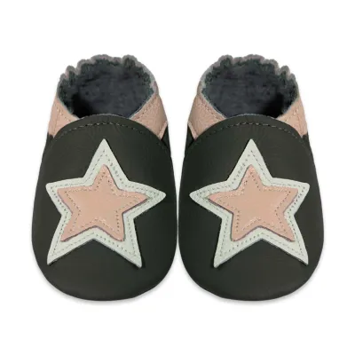 Produktbild von MEJALE® Baby Krabbelschuhe aus Echtleder, weiche Lauflernschuhe für Mädchen&Jungen, rutschfeste Ledersohle,Dunkelgrau,Sternmotiv,Größe M (6–12 Monate)