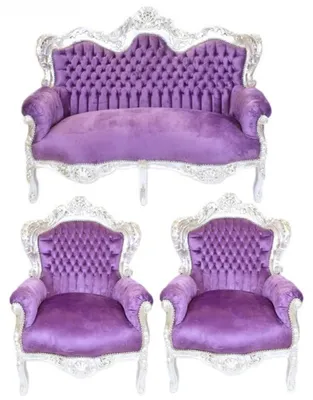 Produktbild von Casa Padrino Barock Wohnzimmer Set King Lila / Silber - 2er Sofa und 2 Sessel - Handgefertigtes Luxus Ensemble