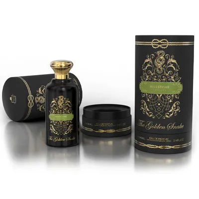 A set of Milestone The Golden Snake EDP U 100 ml perfume products, including a bottle, a jar, and two cylindrical boxes, displayed on a reflective surface against a white background.