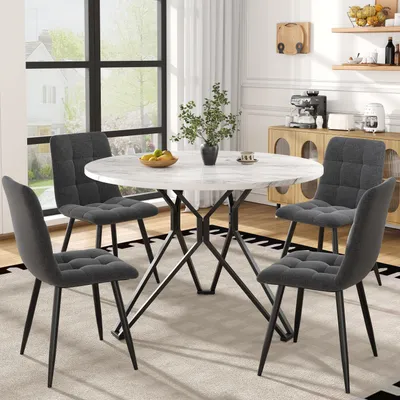Produktbild von Sweiko Esstisch-Set (5-teilig), Esstisch-Set mit 4 Stühlen, Modernes Küchen-Esstisch-Set, Runder Küchentisch mit Durchmesser 100 cm, Schwarze Metallbeine, MDF-Marmor-Tischplatte, Graue Leinen Esszimmerstühle