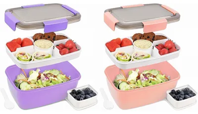 Zdjęcie produktu dla Zestaw dwóch pojemników na lunch o pojemności 2000 ml każdy, szczelnych, z przegródkami, w kolorze fioletowym i ciemnoróżowym