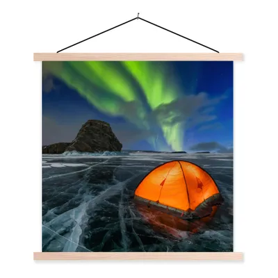 Produktbild von MuchoWow® Textilposter Nordlichter - Zelt - Eis - Skandinavien 40x40 cm mit holzfarbenen Rahmen - Posterleiste
