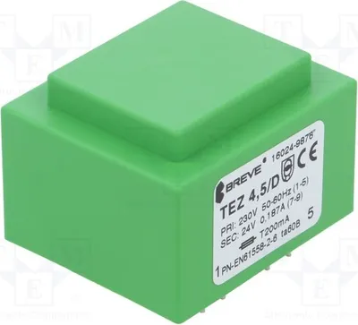 Immagine prodotto di 1 trasformatore: rivestito, 24V, 188mA, 4,5VA, 230VAC. Montaggio: TEZ4.5/D230/24V -Tra