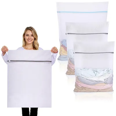 Image de Lot de 3 sacs de lavage à mailles grossières avec fermeture éclair, pour machine à laver, tailles XL, XXL et XXXL : 50x60 cm, 60x80 cm et 90x110 cm. Fabriqués en polyester, réutilisables