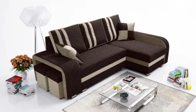 Produktbild von Robin York Ecksofa mit Schlaffunktion 2x Bettkasten 2x Kleine Kissen 2x Hocker Sofa L-Form Schlafsofa Freistehende Eckcouch Schlafcouch Wohnzimmermöbel Wohnlandschaft Rechts Braun Beige