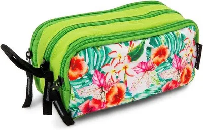 Productafbeelding van Ruim Pennen Etui met 3 Vakken - Groot School- en Kantooretui met Bloemenprint