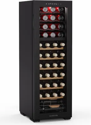 Zdjęcie produktu dla Chłodziarka do wina Klarstein Bovella 44 Duo+ – 44 butelki, 2 strefy, 5–18°C, obsługa dotykowa, oświetlenie LED, ochrona przed promieniowaniem UV, wolnostojąca, klimatyzowana szafka na wino