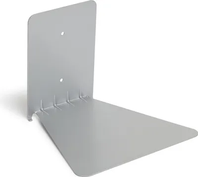 A single silver metal shelf bracket, shown at a slight angle against a white background.