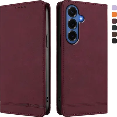 Image de Etui pour Samsung Galaxy S26+, étui rétro en cuirPolyuréthaneavec support et fentes pour cartes de crédit Rouge