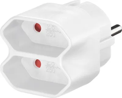 A white electrical adapter with two sockets and a plug.