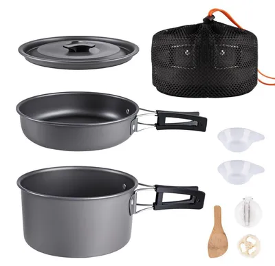 Immagine prodotto di Set di pentole e accessori da campeggio in alluminio nero, 8 pezzi, per uso esterno e campeggio