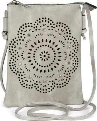 Produktbild von styleBREAKER Damen Mini Umhängetasche mit Blumen Lasercut Cutout Muster und Strass | kleine Crossbody Bag Schultertasche Handytasche 14,5 x 19 cm