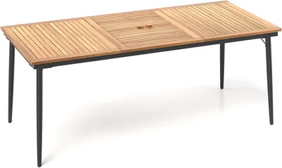 A rectangular wooden table with black metal legs, shown from a slightly elevated angle against a white background.