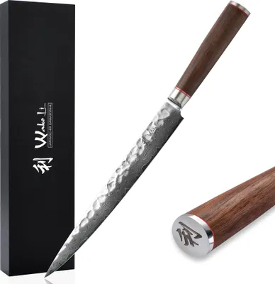 Produktbild von Wakoli Damast Sashimi - extra  scharfes Profi Küchenmesser mit Damastklinge 25,00 cm, Kochmesser, Serie Wakoli Nussbaum