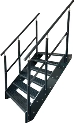 A metal staircase with handrails against a white background.