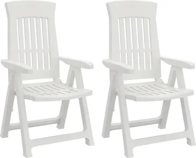 Two white plastic garden chairs are shown side-by-side against a white background.