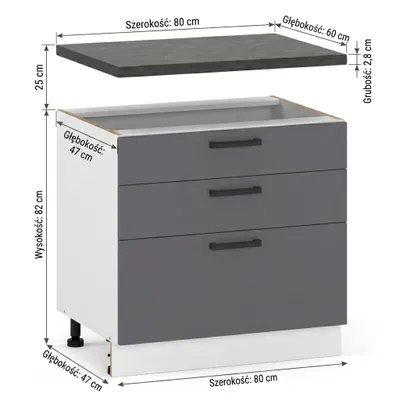 Produktbild von ULWEHOME 80 cm breiter freistehender Unterschrank für die Küche, 3 Schubladen, Anthrazit | Küchenmöbel der Serie EKO