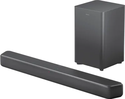 A soundbar and subwoofer set on a white background.