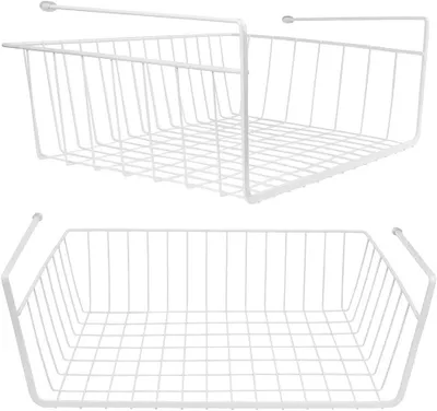 Obrázek produktu pro Sada 2 ks kovových závěsných košů na polici – závěsný koš, koš do skříně, koš na polici k zavěšení do kuchyňské skříňky, šatní skříně, pod polici – úložný koš do kuchyně, kanceláře, skříně, koupelny – bílý