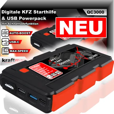 Produktbild von QC3000 KFZ Starthilfe mit Auto Boost für 12V Autobatterie und Hochleistungs- Akku Powerpack Ladegerät mit HIGH-SPEED USB 3.0 + LED Taschenlampe