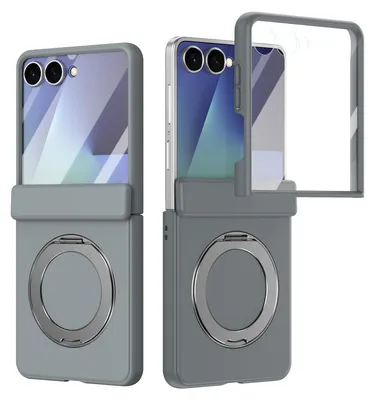 Produktbild von Magnetische Hülle für Samsung Galaxy Z Flip 7, mit Displayschutzfolie, Scharnierschutz mit Ringhalter und Ständer Grau