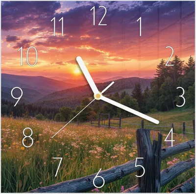Produktbild von Wanduhr aus Glas mit Motiv Sonnenuntergang Wiese- 30 x 30 cm - inkl. Aufhängesystem
