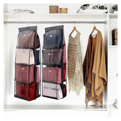 Produktbild von Aufbewahrung für Handtaschen [2er Set] - Faltbarer Organizer für den Kleiderschrank zum Hängen für Geldbörsen und Handtaschen - Mit 8 durchsichtigen Kunststofffächern und galvanisiertem Schwerlasthaken