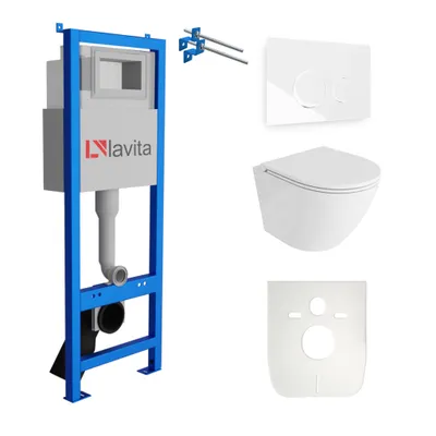 Produktbild von Lavita LAV 101 Vorwandelement für WC 40cm + Wand Hänge Tiefspül WC SOFI ONE Weiß Spülrandlos + Bedienplatte LAV 200.4.1 Weiß | Komplettset | Unterputz Spülkasten | Toilette Komplett Sett