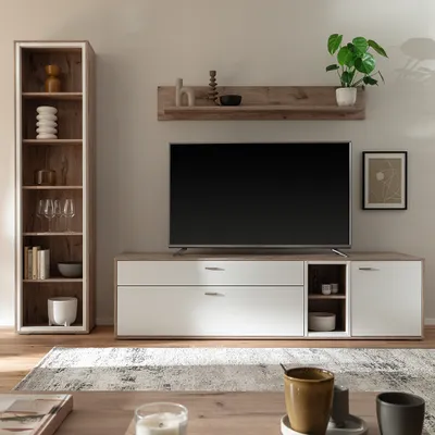 Produktbild von Wohnwand in Eiche und weiß modern mit Vitrine, Wandboard & Lowboard, 3-teilig - SAGUNTO-05