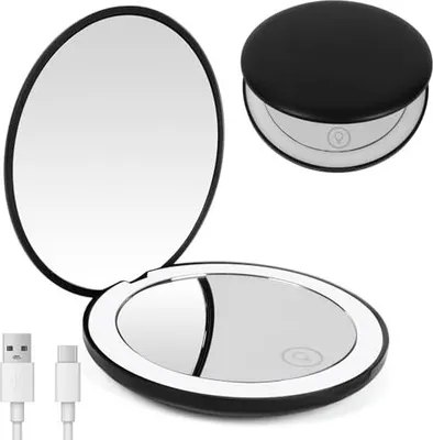 Produktbild von Osdue tragbarer LED-Kompaktspiegel, Mini-Taschenspiegel 1 ×/10 × Vergrößerung, doppelseitige Make-up-Hand-doppelseitigem Licht, Reisekosmetikgeschenke