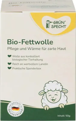 A product box for Bio-Fettwolle from Grün Specht.