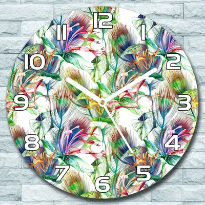 Produktbild von Wanduhr aus Glas Rund fi 30 Bunte Pflanzen Quarz Deko Wohnzimmer Büro