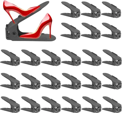 Produktbild von Einstellbare Schuhregale,24 Stück rutschfest Schuhstapler Doppelschicht Schuhhalter Platzsparend rutschfest Kunststoff Schuhorganizer mit 4 Höhenverstellbar Schuhschlitze (Dunkelgrau)