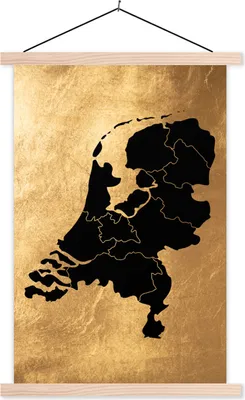 Produktbild von MuchoWow® Textilposter Karte Niederlande - Schwarz - Gold 40x60 cm mit holzfarbenen Rahmen - Poster