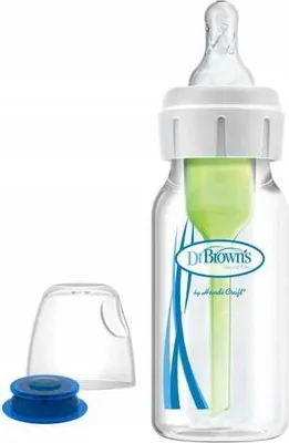 A Dr. Brown's baby bottle with a green inner tube and a clear cap and blue base.