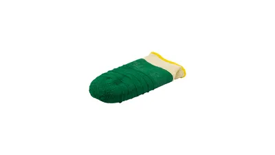 A green wash mitt with a yellow and white trim is shown on a white background.