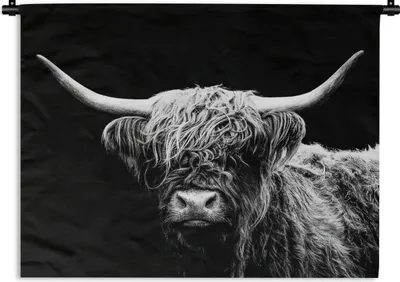Produktbild von MuchoWow® Wandteppich Wandbehang Schottischer Highlander - Kuh - Schwarz - Weiß - Tiere 90x67.5 cm Tapisserie Dekoration Wandtuch - Fototeppich - Wand-Skulpturen
