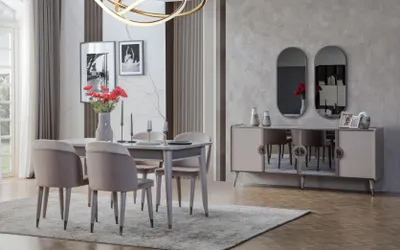 Produktbild von Graue Esszimmergarnitur Esszimmer Stühle Ausziehbarer Tisch Sideboard