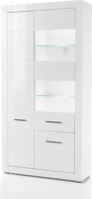 A white modern display cabinet with glass shelves and drawers.