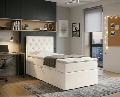 Produktbild von NORDELO Boxspringbett ELEGANTE 120x200 cm AMOR Velvet Creme Komplett-Set gepolstertes Einzelbett mit Stauraum, Matratze und 4 cm Visco-Topper, Bonellfederkernmatratze, T30-Schaum