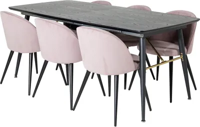 Produktbild von Gold Essgruppe Esstisch Ausziehbarer Tisch Länge cm 180 / 220 schwarz und 6 Velvet Esszimmerstühle Samt pink, schwarz.