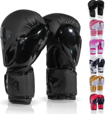 Produktbild von Apollo Boxhandschuhe Männer aus Kunstleder | Thai Boxhandschuhe Damen und Herren | für Boxsack, Training, Sparring, Fitness, MMA Handschuhe | Kickbox Handschuhe | boxing gloves 12/14/16oz. - Champion Punch -  UV Schwarz 12oz