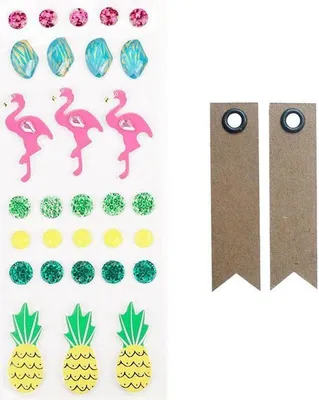 Produktbild von 30 3D-Aufkleber - Flamingos und Ananas + 20 Wimpel Kraft Etiketten