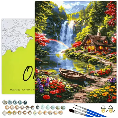Produktbild von Malen nach Zahlen Erwachsene Holzhaus am Wasserfall mit Rahmen 40x50 cm