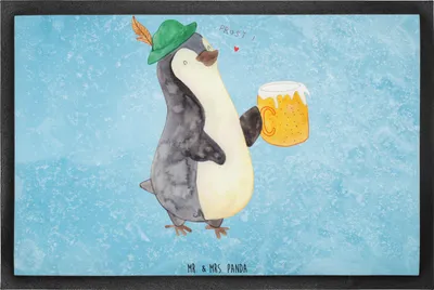 Produktbild von Mr. & Mrs. Panda fußmatte Pinguin Bier 60 x 90 cm - Eisblau - Geschenk, , Bodenvorleger, Gummi-Fußmatte, Feierabend, Beschwippst, Pinguine, Gummimatte