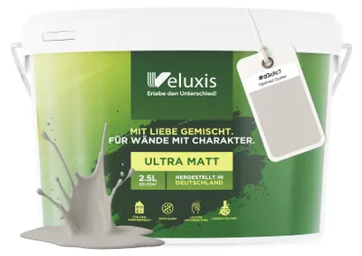 Produktbild von Wandfarbe Hellgrau Grau Beige Matt Innenfarbe – Deckkraft Klasse 1, VOC-frei, Ohne Grundierung, Tropfarm – Wohnzimmer & Schlafzimmer – 2,5L – Veluxis (Opened Oyster)