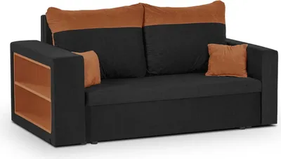 A black and orange sofa with a built-in shelf on the side.