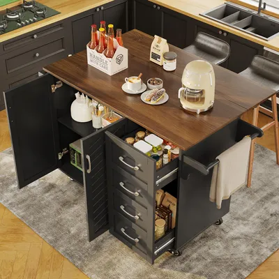 Obrázek produktu pro Kuchyňský vozík Fortuna Lai s diagonálně pruhovanými dvířky skříněk, vyjímatelný jídelní vozík s držákem na ručníky a policí na koření, nastavitelné přepážky, kuchyňský bufet, deska stolu s dřevěným dekorem, černá