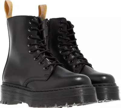 A pair of black platform combat boots.