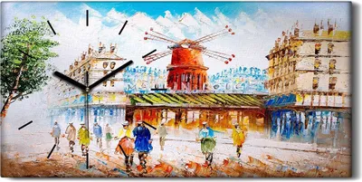 Produktbild von Wanduhr Leinwand Bild Uhr Quarz 60x30 Windmühle Paris Stadt Menschen Straße - schwarze Hände